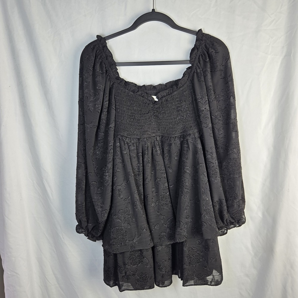 Alter'd State Jacquard Smocked Dress Womens Medium Black Fairygoth Tonal Floral